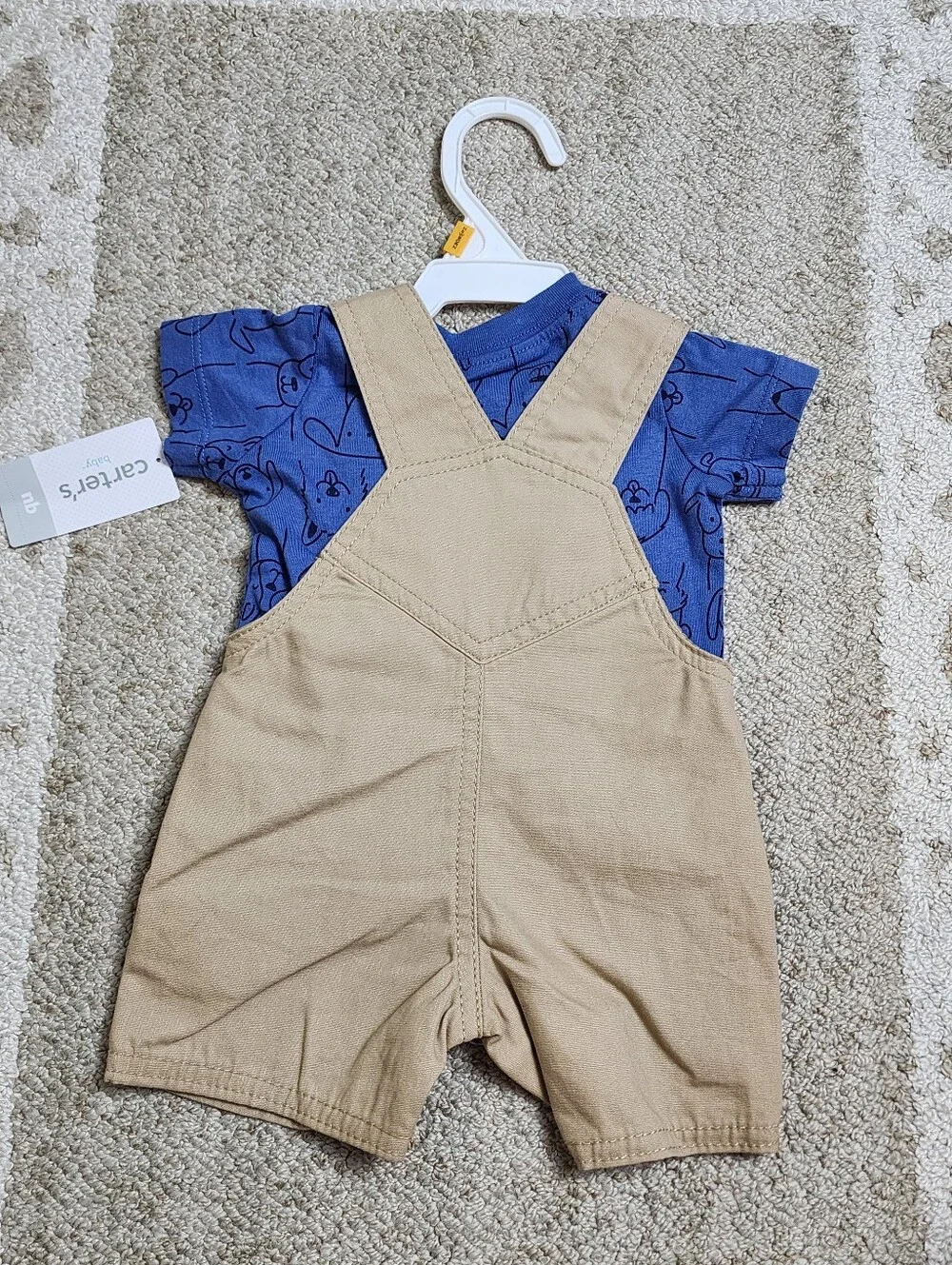Carter’s Baby Boy Dog Print Shirt & Khaki Shortalls Set NB NWT